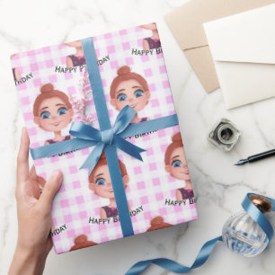 Cartoon Birthday Girl met Big Eyes Cadeaupapier