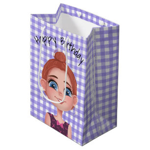 Cartoon Birthday Girl op Gingham Medium Cadeauzakje