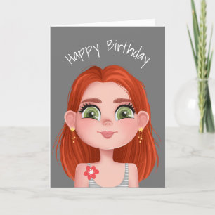 Cartoon Birthday Redhead Girl op Grey Kaart