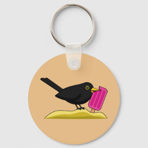 Cartoon Blackbird die een ijskap eet Sleutelhanger