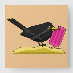 Cartoon Blackbird die een ijskap eet Vierkante Klok