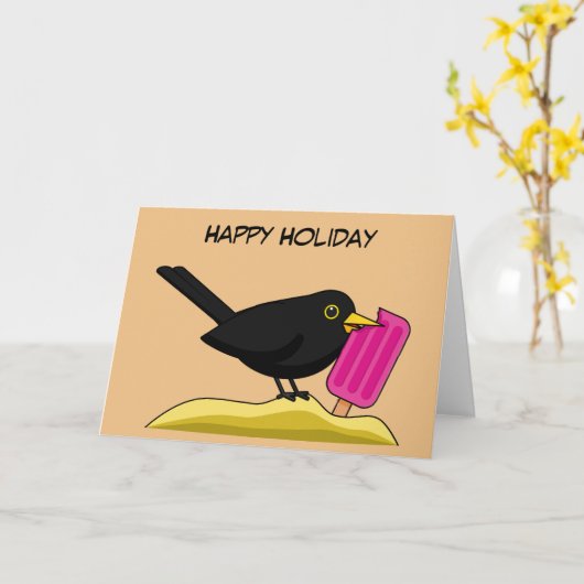 Cartoon Blackbird Eating Ice Cream | Jouw tekst to Kaart (Gele Bloem)