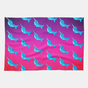 Cartoon blauw narwals patroon op Navy Blue Theedoek