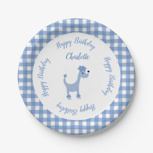 Cartoon blauwe poodle Posh Paws gingham verjaardag Papieren Bordje