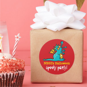 Cartoon Blauwgroen Groene Magic Dragon Halloween P Ronde Sticker