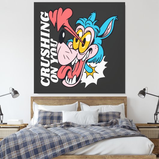 Cartoon Blue Wolf with Text – "Crushing On You" Canvas Afdruk (Insitu (Slaapkamer))