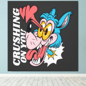 Cartoon Blue Wolf with Text – "Crushing On You" Canvas Afdruk (Insitu (Houten vloer))