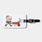 Cartoon boer met kruiwagen en gereedschap bagagelabel (Voorkant horizontaal)