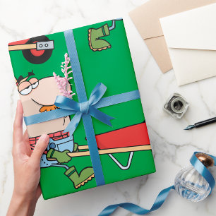 Cartoon boer met kruiwagen en gereedschap cadeaupapier