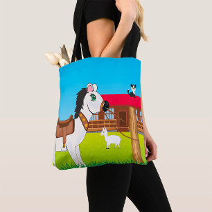 Cartoon Boerderij Scene met Paard Kat en Geit Draagtas