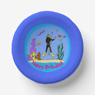 Cartoon bord van pekelvis en scuba-duiker