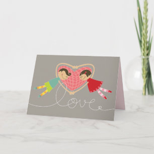 Cartoon Boy & Girl Holding Hands in Love Valentijn Feestdagen Kaart