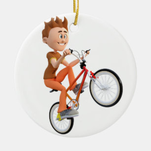 Cartoon Boy on Bike Doing A Wheelie Keramisch Ornament
