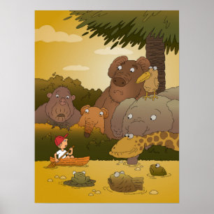 Cartoon Boy Tropical Oerwoud Animal Poster