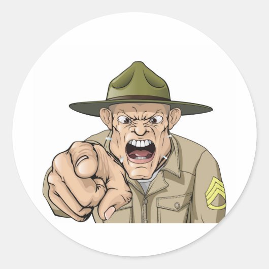 Cartoon boze legerboor sergeant schreeuwen ronde sticker (Voorkant)