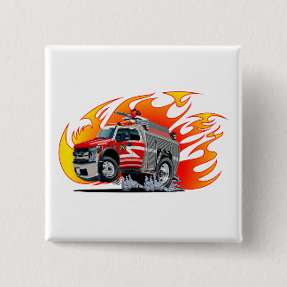 Cartoon brandweerauto vierkante button 5,1 cm