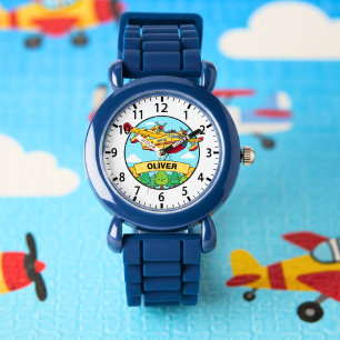Cartoon brandweervliegtuig badge horloge