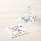 Cartoon Bride & Groom Dansbruilding net getrouwd Vierkante Kartonnen Onderzetter (Insitu)