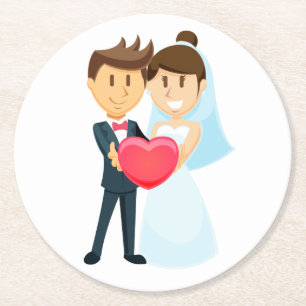 Cartoon Bride & Groom Red Heart Wedding Ronde Kartonnen Onderzetter
