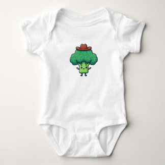 Cartoon broccoli met een bruin cowboy pet romper