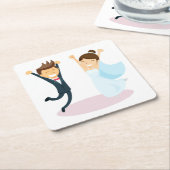 Cartoon bruid & bruidegom bruiloft vierkante kartonnen onderzetter (Schuin)