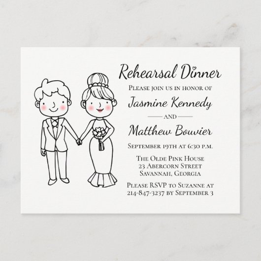 Cartoon bruid bruidegom zwart wit bruiloft repetit uitnodiging briefkaart (Voorkant)