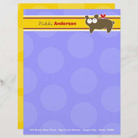 Cartoon Bruin Beer Paarse Stippen Leuke Kinder Kin Briefhoofd Sjabloon (Voorkant / Achterkant)
