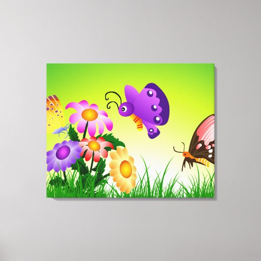 Cartoon Butterflies op Flowers Canvas (Voorkant)
