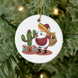 Cartoon cactus en kerstman met een sombrero keramisch ornament