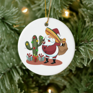 Cartoon cactus en kerstman met een sombrero keramisch ornament