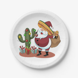 Cartoon cactus en kerstman met een sombrero papieren bordje