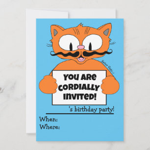 Cartoon Cat Boy's Birthday Party Invitation Blue Kaart