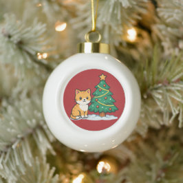 Cartoon Cat by Christmas Tree Snowy Sticker Keramische Bal Ornament