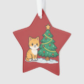 Cartoon Cat by Christmas Tree Snowy Sticker Ornament (voorkant)