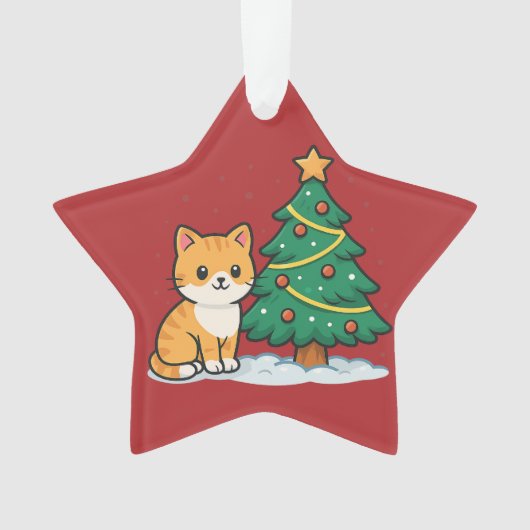 Cartoon Cat by Christmas Tree Snowy Sticker Ornament (voorkant)