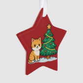 Cartoon Cat by Christmas Tree Snowy Sticker Ornament (voorkant)