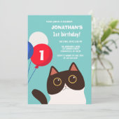 Cartoon Cat Rainbow Balloon Kids Verjaardag Kaart (Staand voorkant)