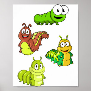 Cartoon Caterpilars Green Yellow Brown Poster