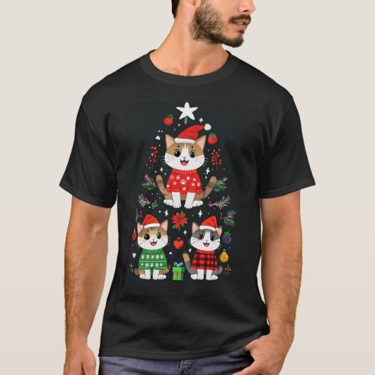 Cartoon Cats Christmas Tree T-shirt (Voorkant)