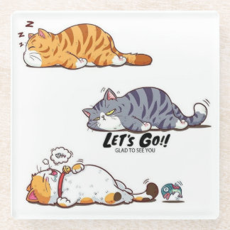 Cartoon Cats "LET’S GO!!" Coaster Glazen Onderzetter