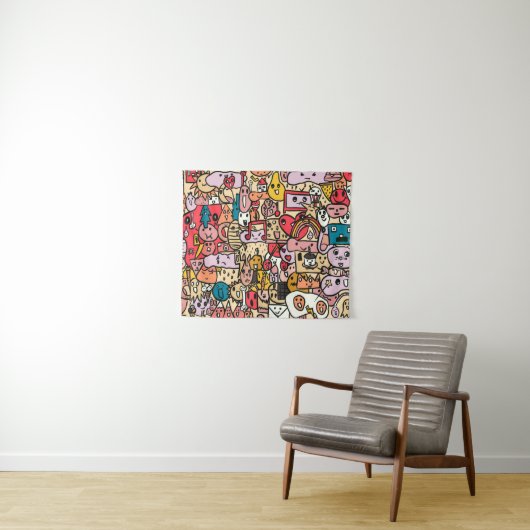 Cartoon Character Hand Drawn Toss Pattern Wandkleed (In Situ (horizontaal))