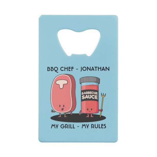Cartoon Characters Steak & Sauce Custom BBQ Chef Kredietkaart Flessenopener (Voorkant)