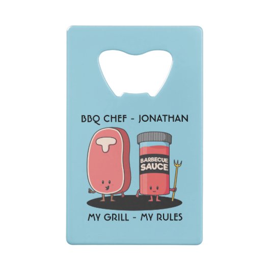 Cartoon Characters Steak & Sauce Custom BBQ Chef Kredietkaart Flessenopener (Achterkant)