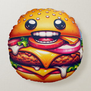 Cartoon Cheeseburger Rond Kussen - Whimsical