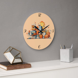 Cartoon City Kleurrijke Urban Clock Peach Achtergr Grote Klok