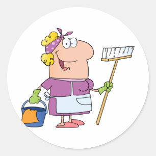 Cartoon Cleaning Lady Ronde Sticker