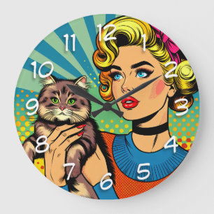 Cartoon Comic Pop Art Vrouwen met Kat Grote Klok