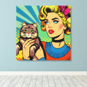Cartoon Comic Pop Kunst Vrouwen Holding Cat Canvas Afdruk (Insitu (Houten vloer))