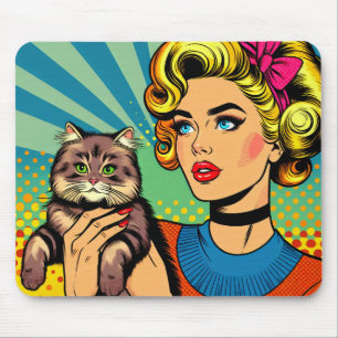 Cartoon Comic Pop Kunst Vrouwen Holding Cat Muismat