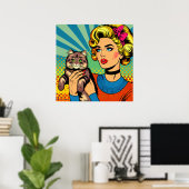 Cartoon Comic Pop Kunst Vrouwen Holding Cat Poster (Thuiskantoor)